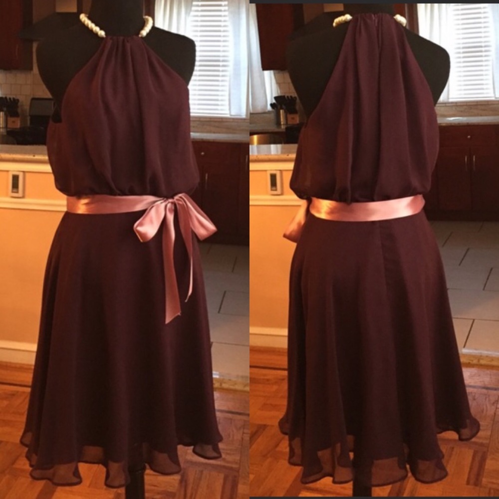 Eggplant (deep plum) halter style cocktail dress with pearl neckline